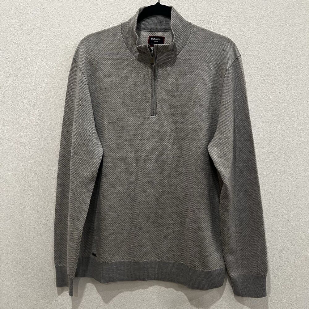 Untuckit Sweater Mens L 1/4 Zip Pullover Gray Merino Wool Mock Neck Long Sleeve - Picture 1 of 5